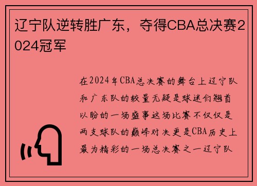 辽宁队逆转胜广东，夺得CBA总决赛2024冠军