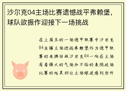 沙尔克04主场比赛遗憾战平弗赖堡，球队欲振作迎接下一场挑战