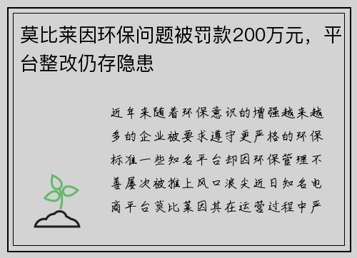 莫比莱因环保问题被罚款200万元，平台整改仍存隐患