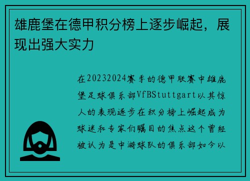 雄鹿堡在德甲积分榜上逐步崛起，展现出强大实力